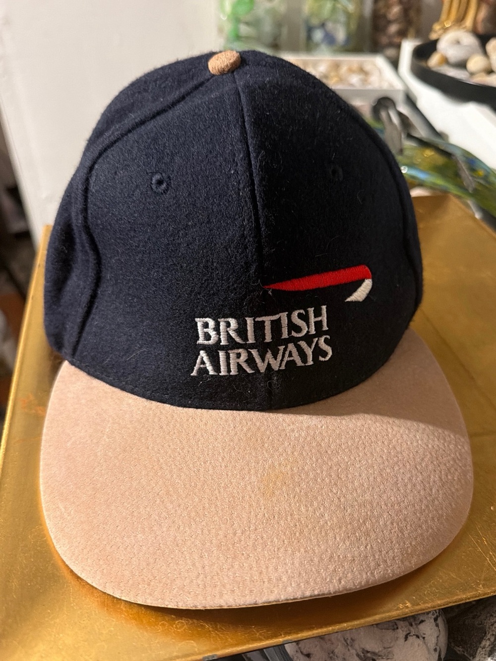 Vintage British Airways Hat Cap Embroidered Wool Snapback Navy Tan Suede